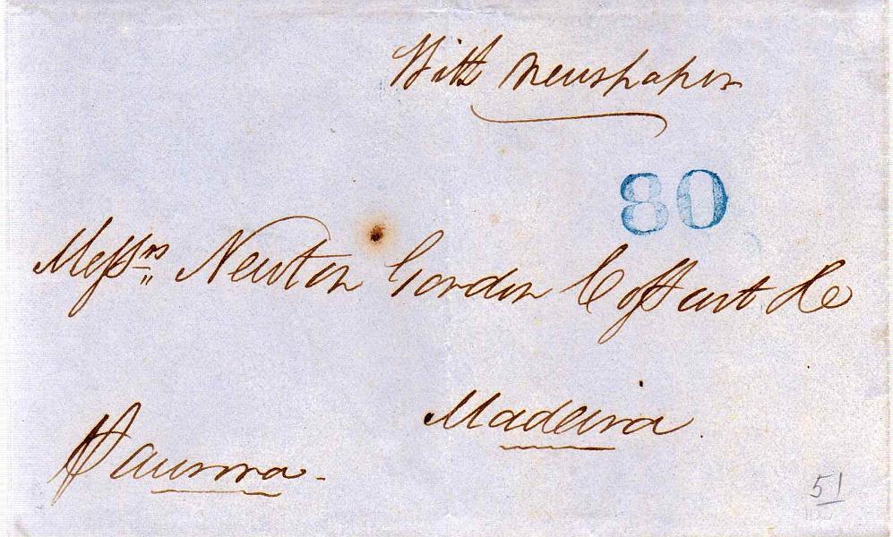 0456 f.jpg -     Lote:    456 (frente)            Correio Marítimo       Descrição:         Correio marítimo. Carta remetida de Londres (27.02.64) para o Funchal (28.03.1864), com o porte de 80 reis batido a azul. MB e R.        Carta       Valor Base:     &euro; 100,00     Valor Venda:     &euro; 120,00     
